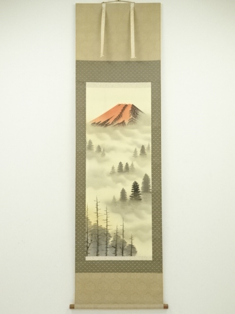 JAPANESE HANGING SCROLL / HAND PAINTED / RED Mt.FUJI
